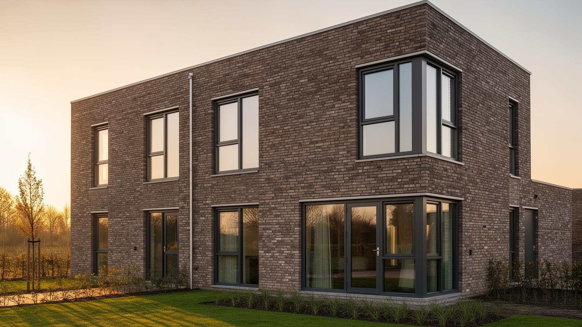 Moderne Nederlandse woning met kunststof kozijnen bij zonsondergang