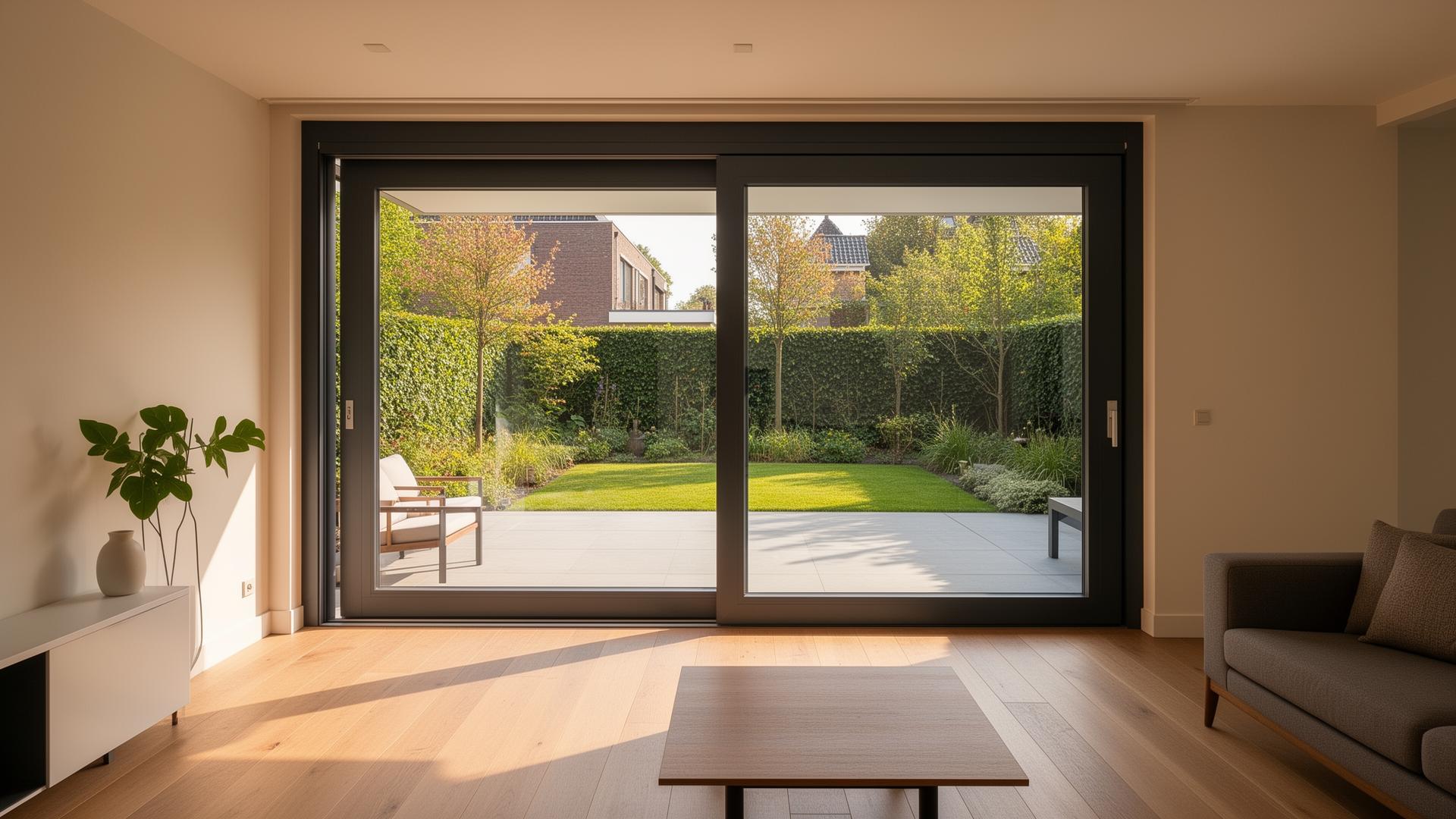 Anthracite kunststof hefschuifpui in moderne woonkamer met uitzicht op tuin