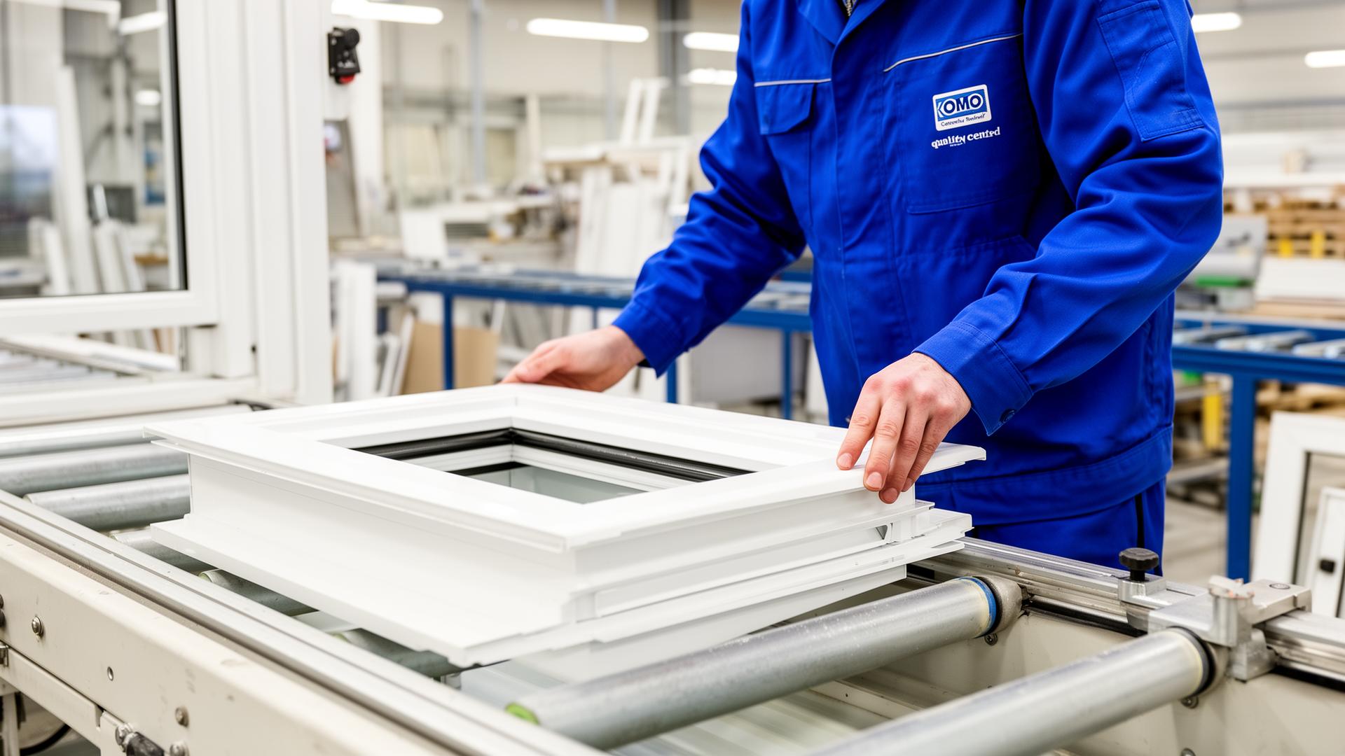 Productiemedewerker controleert wit kunststof kozijn in KOMO-gecertificeerde fabriek